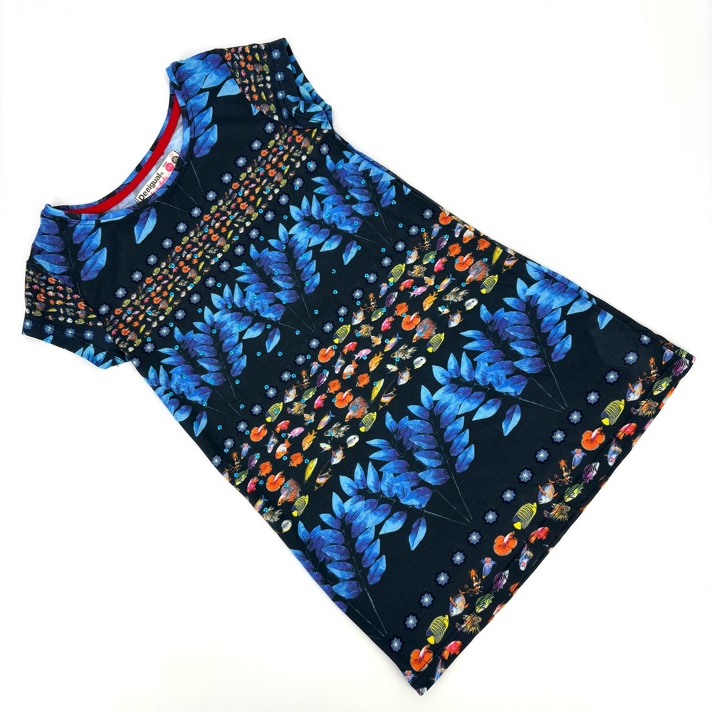 Desigual NWOT Girl's Tropical Fish Pattern Sequinned T-Shirt Dress, 3/4